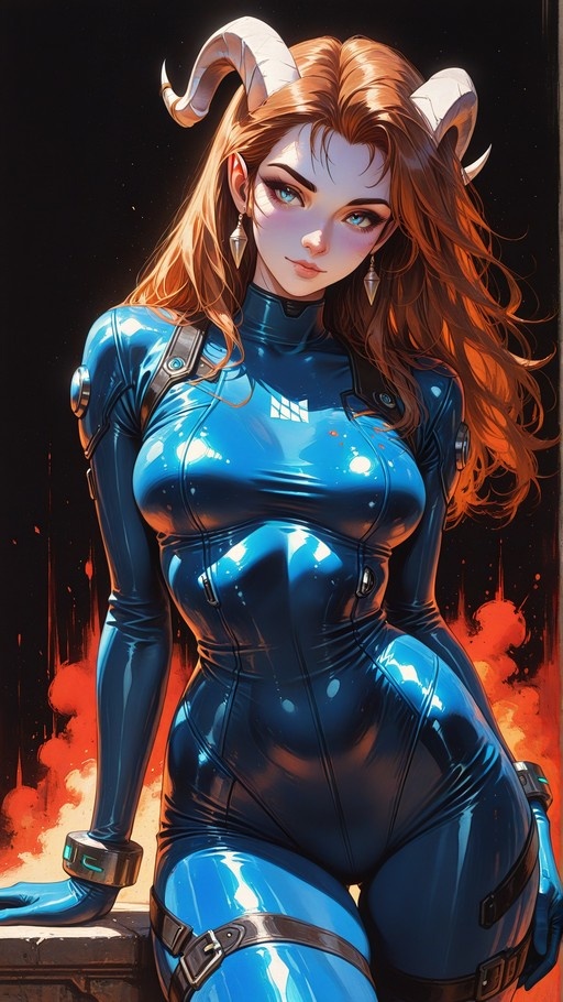 A horned woman with long brown hair and blue eyes wearing a tight metallic blue bodysuit stands against a dark background with fire.