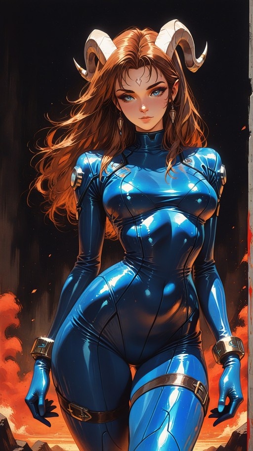 A digital painting of a horned woman with long brown hair and blue eyes wearing a tight, shiny blue bodysuit. She stands against a dark background with fire at her feet, looking directly at the viewer.