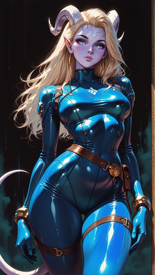 A digital illustration of a blonde woman with large curved horns and pointed ears wearing a tight shiny blue bodysuit with gold trim and a brown belt against a dark background.