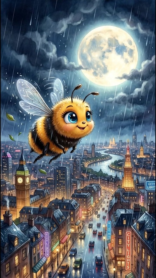 A cute yellow and black bee with large blue eyes flies through the rain over a lit-up city at night under a full moon.