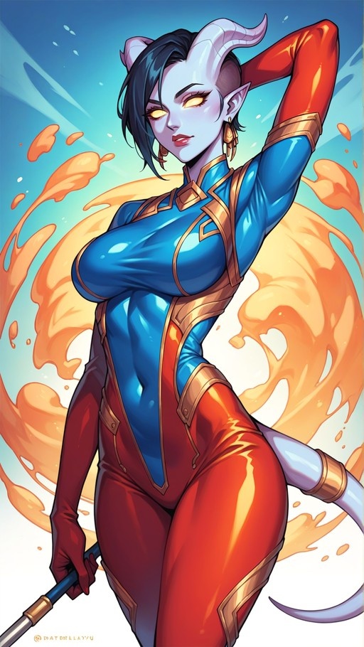A blue-skinned demon girl with horns and a tail poses in a tight blue and red bodysuit holding a staff.