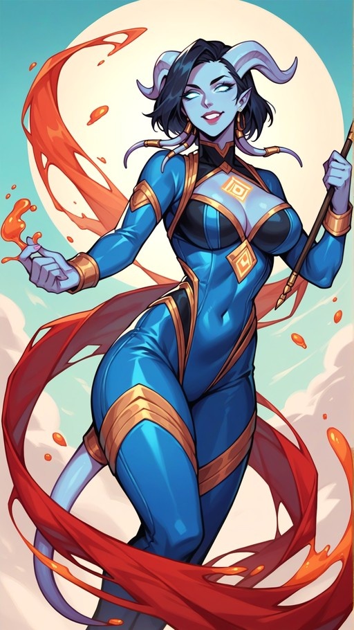 A blue-skinned woman with large curved horns and a tail smiles while wearing a blue bodysuit and holding a staff, surrounded by splashes of orange magic.