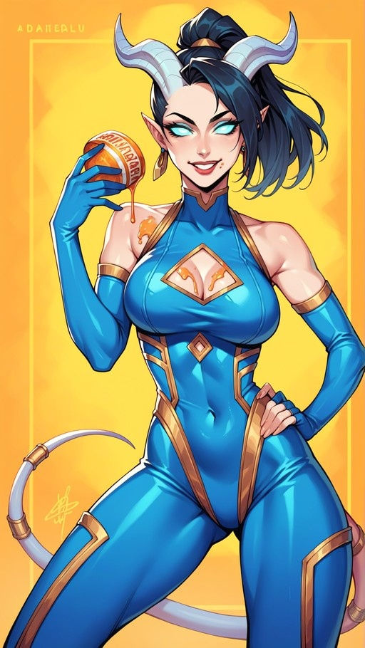 A smiling demon girl with black hair and horns wears a blue bodysuit with gold trim while holding a jar of honey that is dripping on her chest.