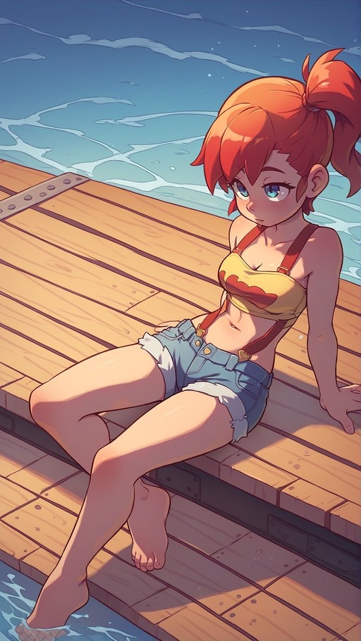 Misty from Pokémon sitting on a wooden dock with her feet in the water, wearing a yellow top and denim shorts.