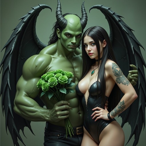 A muscular green-skinned demon with large black horns and wings holds a bouquet of green roses while standing next to a tattooed woman in a black bodysuit.