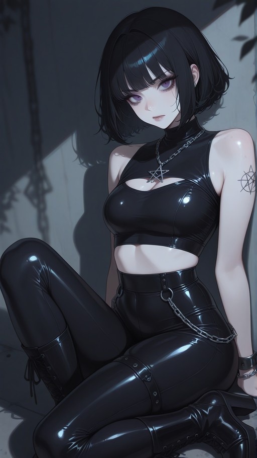 A young woman with short black hair and purple eyes sits against a wall wearing a shiny black latex crop top and high-waisted pants with chains. She wears a pentagram necklace and has a pentagram tattoo on her arm.