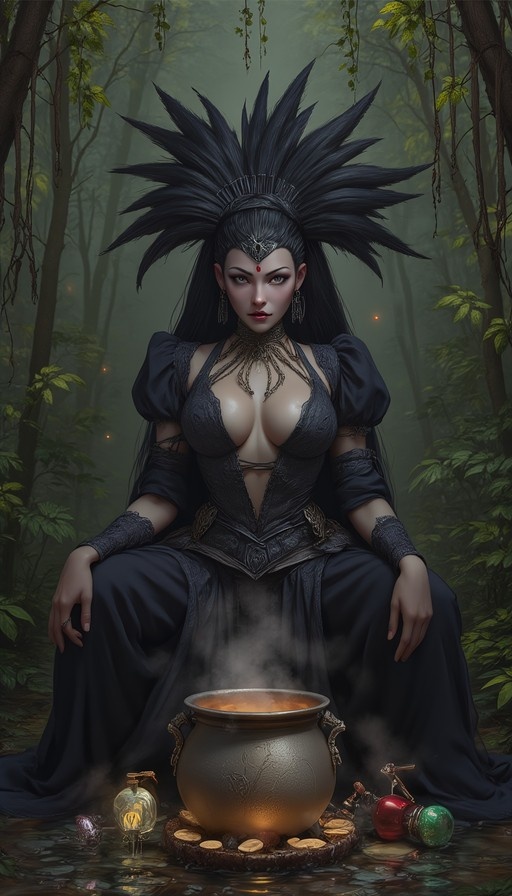 A fantasy witch with spiky black hair sits in a misty forest beside a steaming cauldron and potion bottles.