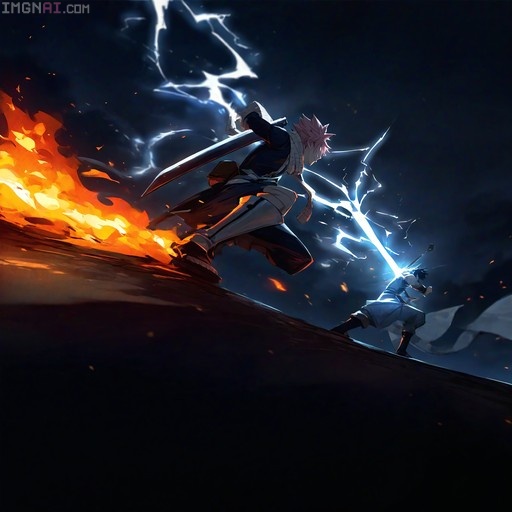 Natsu Dragneel and Sasuke Uchiha clash swords in a dynamic anime battle scene featuring fire and lightning effects against a dark background.