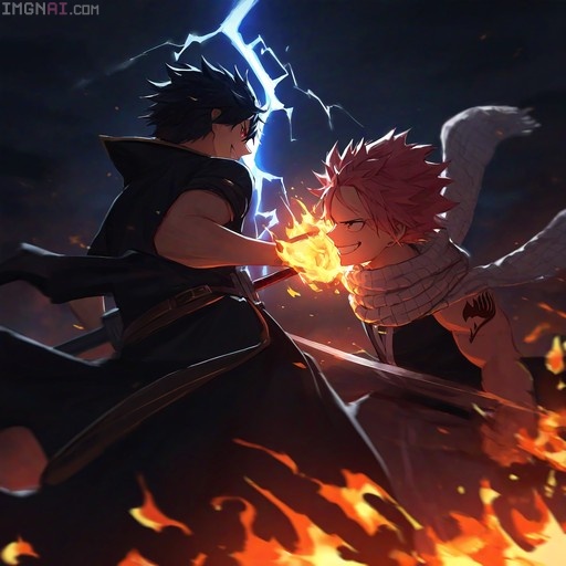 Sasuke Uchiha and Natsu Dragneel clash in an anime battle with lightning and fire