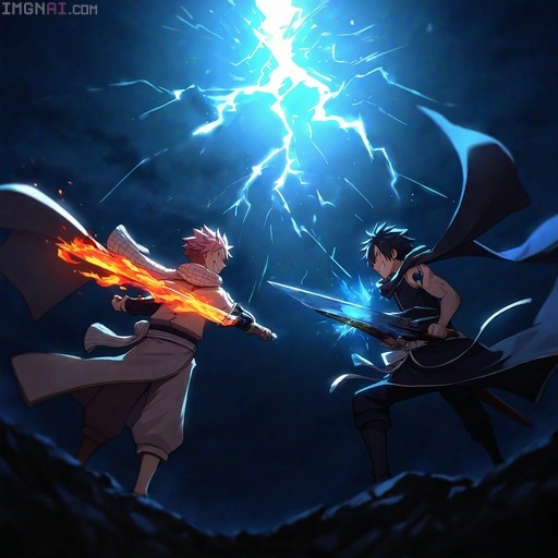 Two anime warriors clashing swords on a rocky cliff at night; one has pink hair and a flaming scarf while the other wields a lightning-infused sword, creating a burst of electric energy.