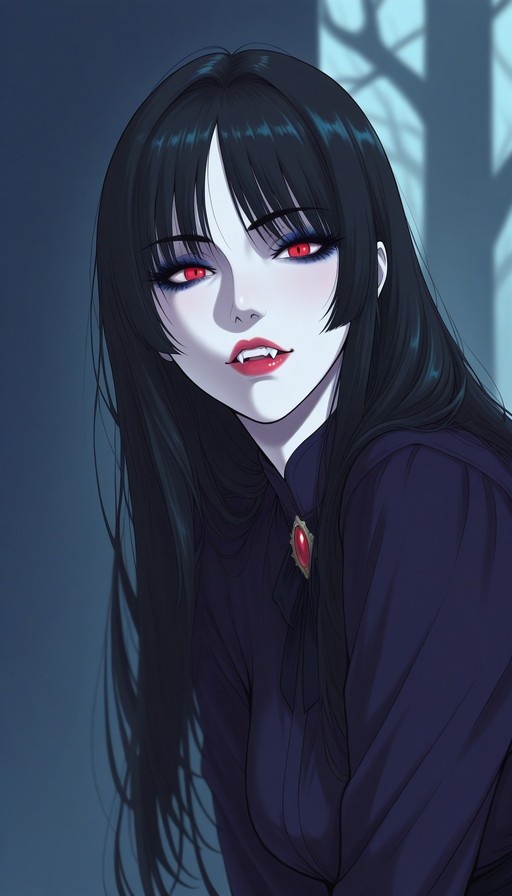 A pale vampire girl with long black hair and glowing red eyes looks at the viewer, wearing a dark shirt with a red gemstone brooch.