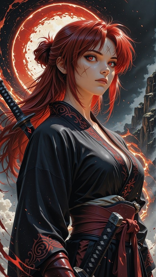 A red-haired female warrior with facial scars wears a black kimono and carries a katana against a backdrop of a glowing red moon.