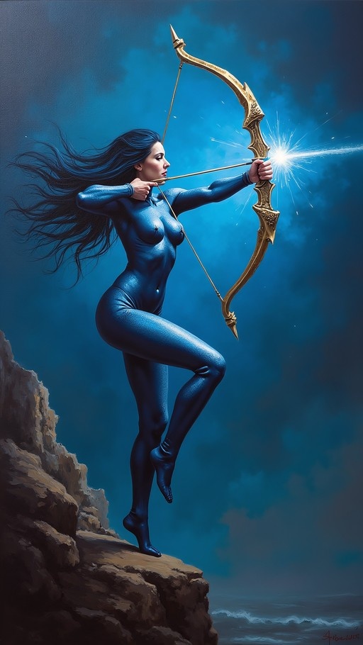 A woman in a shiny blue bodysuit stands on one leg on a rocky cliff, drawing back an ornate golden bow with a sparking arrow against a deep blue sky.