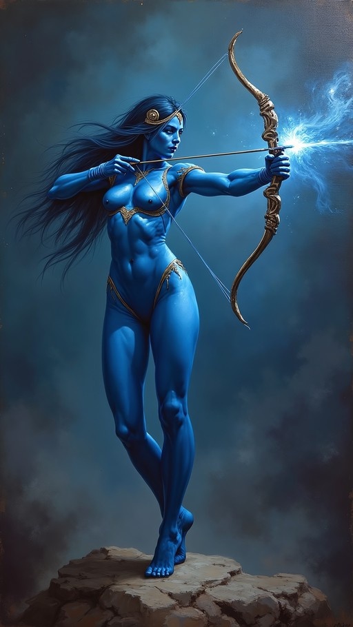 A muscular blue-skinned woman with long dark hair stands on a rock drawing a bow with a glowing arrow.