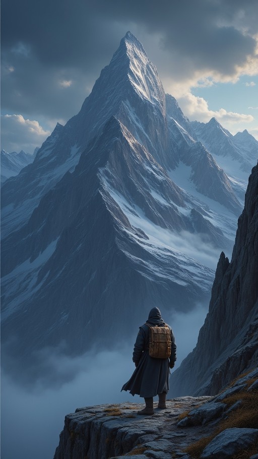 A person in a hooded coat and brown backpack stands on a rocky cliff looking at a large snow-covered mountain peak.