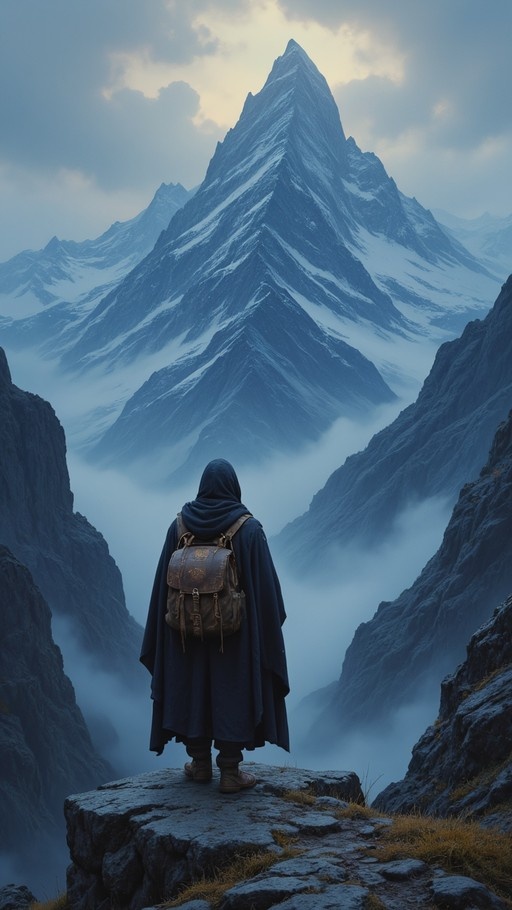 A hooded figure with a brown leather backpack stands on a rocky outcrop facing a large snow-covered mountain peak rising above the clouds.