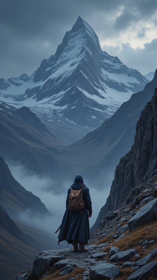 A person in a blue hooded cloak with a brown backpack stands on a rocky path looking at a large snow-covered mountain.