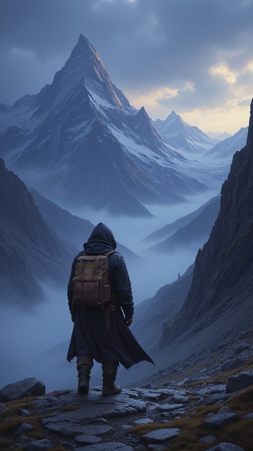 A hooded figure with a backpack stands on rocky terrain looking at a snow-capped mountain peak in a misty valley.