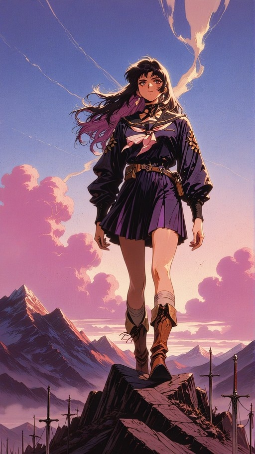 A retro-style anime illustration of a schoolgirl warrior with dark hair and purple streaks standing on a rocky peak surrounded by planted swords against a pink cloudy sky.