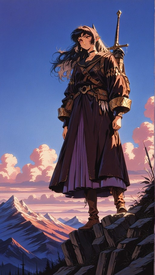Female elf warrior with long dark hair and pointed ears standing on a rocky cliff edge with a sword on her back, overlooking snow-capped mountains under a blue sky with pink clouds.