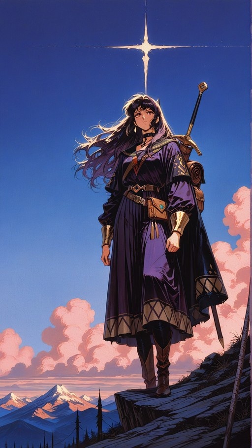 Anime style fantasy warrior woman with long dark hair standing on a cliff edge wearing a purple dress and carrying a sword on her back against a blue sky with pink clouds