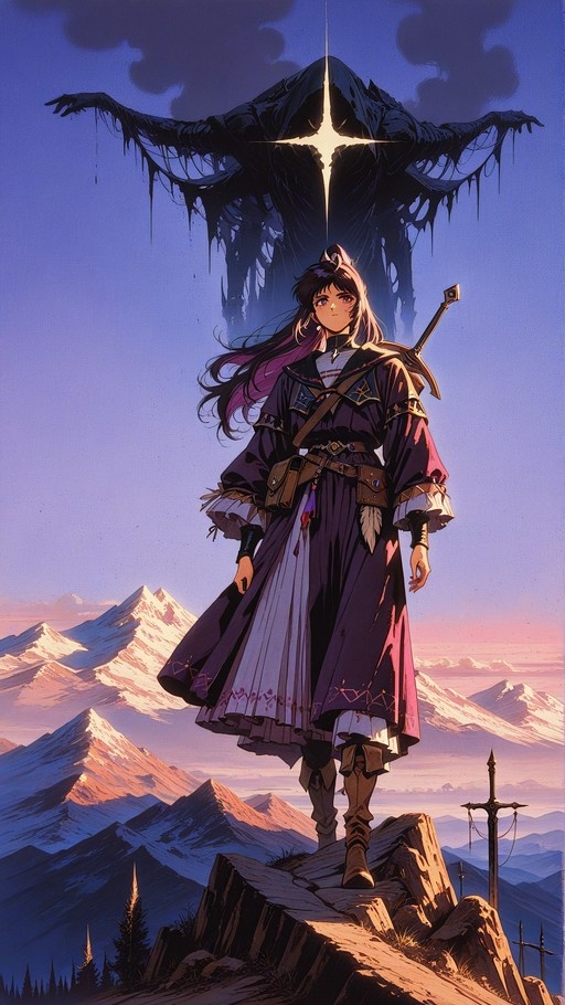 An anime-style girl with long hair and a purple coat stands on a rocky mountain peak carrying a sword, looking up at a giant shadowy entity with outstretched arms in the twilight sky.