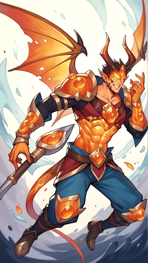 A muscular orange-skinned demon with horns and large wings holds a polearm while making a hand gesture.