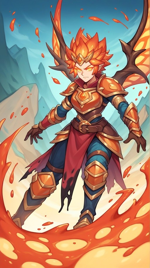 A fantasy fire knight with spiky orange hair and glowing eyes stands in flowing lava wearing orange armor and large wings.