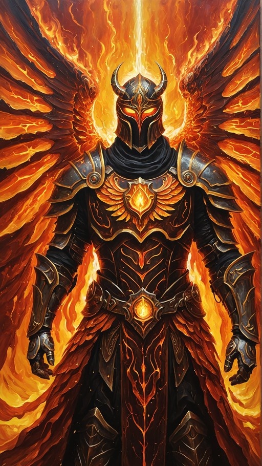 A digital illustration of a fantasy knight in full black and gold plate armor with large fiery wings and a horned helmet featuring glowing orange eyes, standing amidst flames.