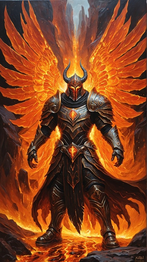 A full-body digital illustration of a horned warrior in ornate black plate armor standing in flowing lava, featuring large flaming wings and glowing red gemstones on the chest.