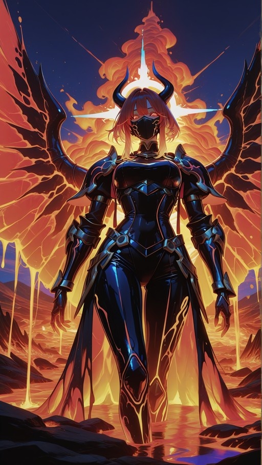 A female demon character with dark horns and large wings stands in flowing lava wearing shiny black armor and a face mask, with a fiery explosion behind her.