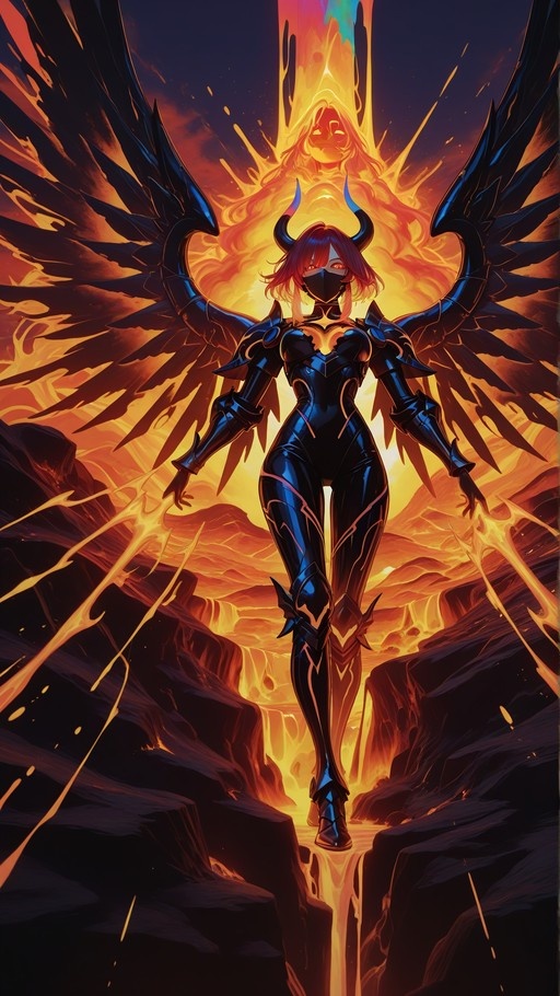 A red-haired female demon with black horns and large black wings stands in a volcanic landscape wearing shiny black armor and a face mask.