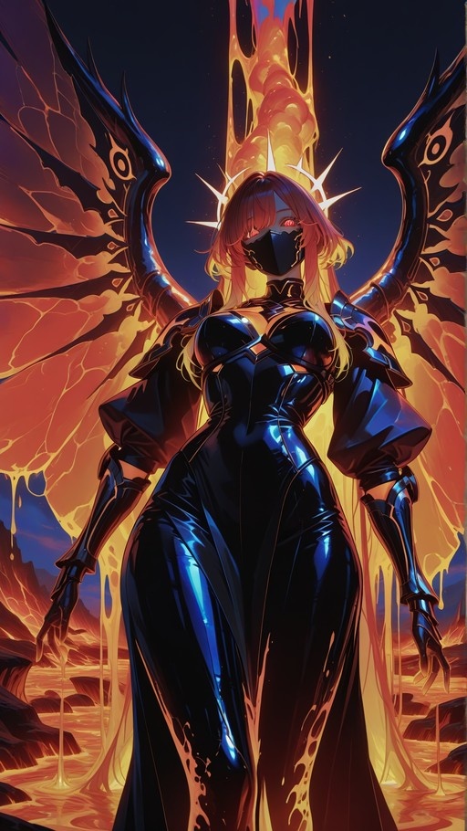 A masked female warrior with large dark wings and a spiky halo stands in a volcanic landscape, wearing a shiny black armored dress.
