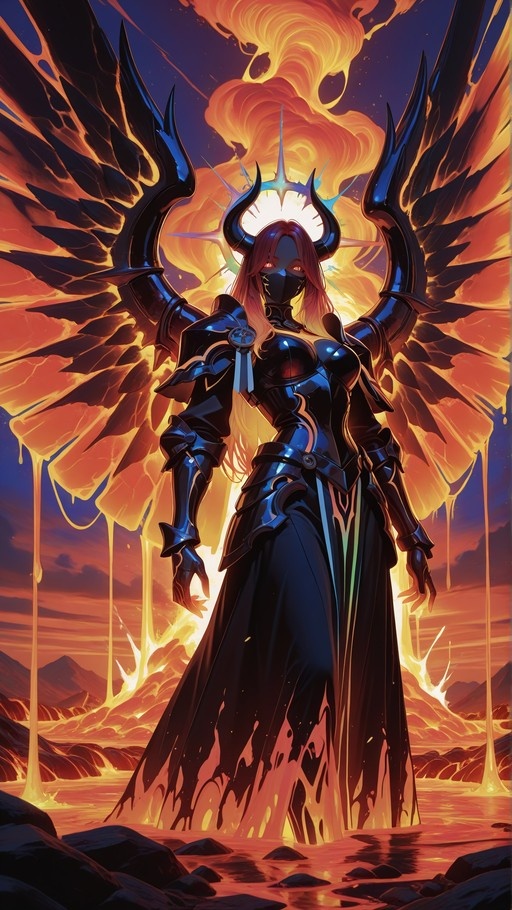 A female demon with large black wings and curved horns stands in a pool of lava wearing shiny black armor against a fiery sky.