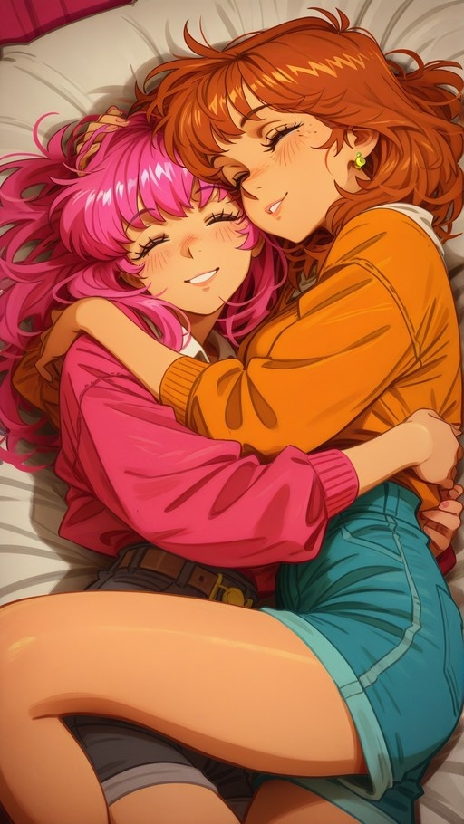 Two anime girls with pink and orange hair lying in bed together, smiling and hugging each other affectionately.