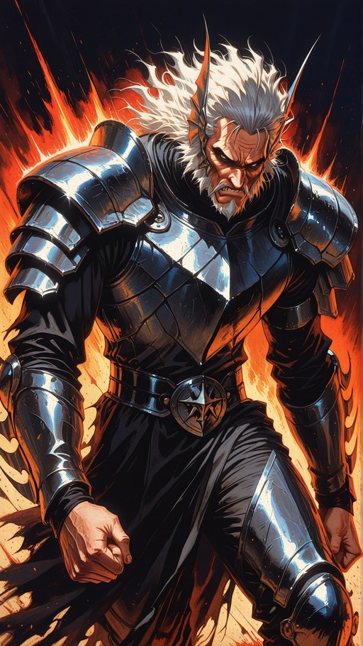 A detailed illustration of an older male elf with white hair and a beard, wearing shiny silver plate armor and standing in front of orange flames with a clenched fist.