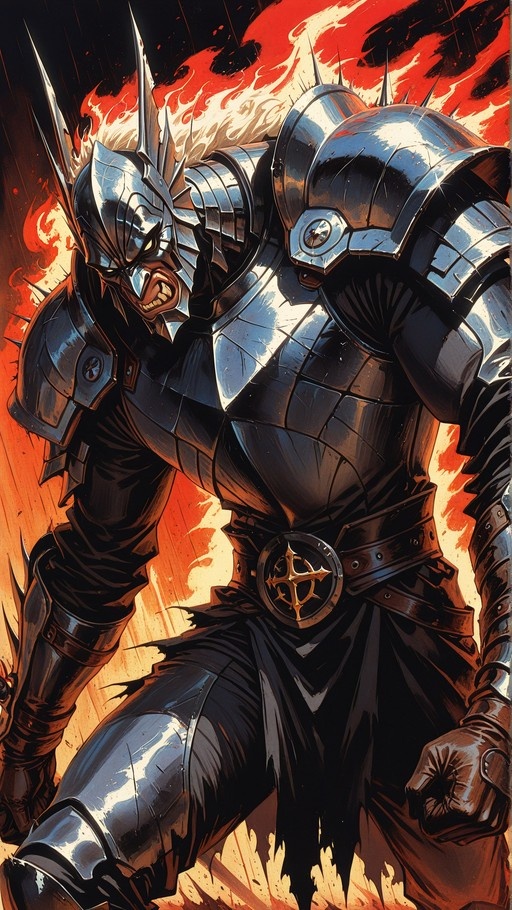 A shouting male knight in full silver plate armor with spiked pauldrons stands against a background of intense red flames.