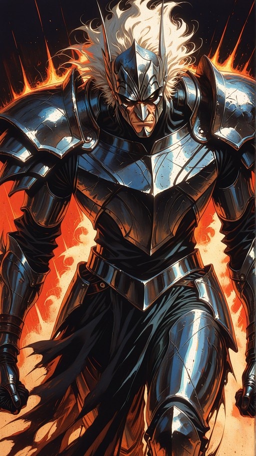 A digital illustration of a male knight in full silver plate armor with large shoulder pads and a sharp helmet, standing against a fiery background with long white hair flowing out.