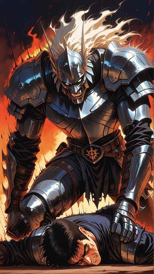 A fantasy knight in full silver and black plate armor with a horned helmet kneels over a defeated man lying on the ground amidst flames.