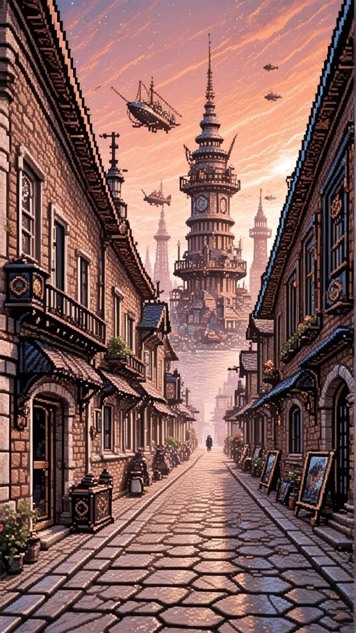 Pixel art illustration of a cobblestone fantasy street leading to a large clock tower, with airships flying in a sunset sky.