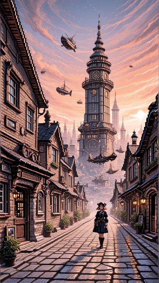 A pixel art illustration of a young woman standing on a cobblestone street in a fantasy city with a large clock tower and flying airships against a sunset sky.
