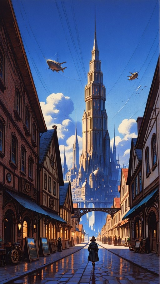 A lone figure walks away down a wet cobblestone street toward a massive fantasy spire under a blue sky with flying airships.