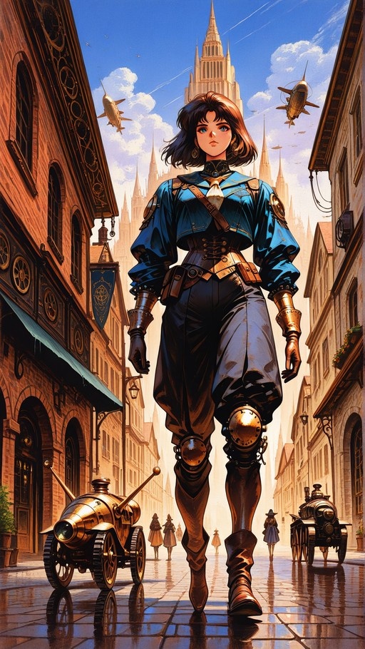 A steampunk girl with brass gauntlets and knee guards walks down a cobblestone street towards the viewer, with airships flying in the sky above a fantasy city.