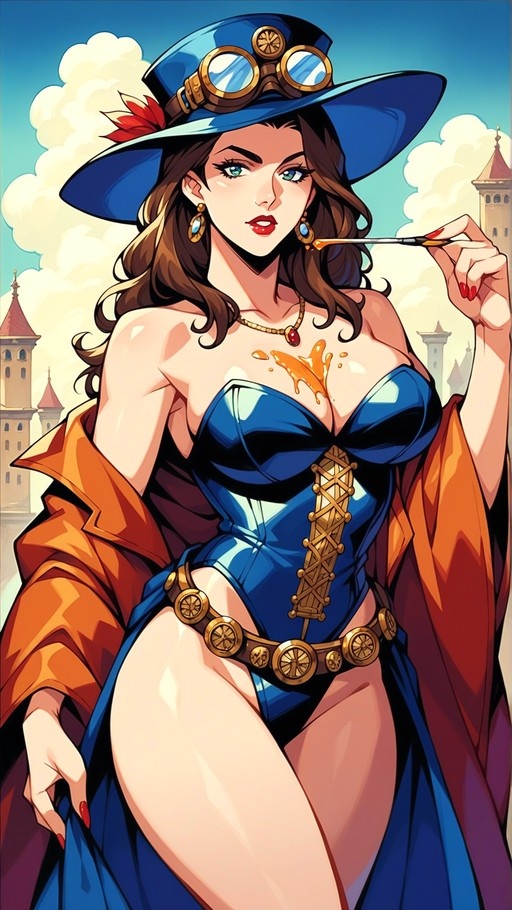 Anime-style woman in a blue steampunk hat with goggles and an orange coat holding a paintbrush near her mouth