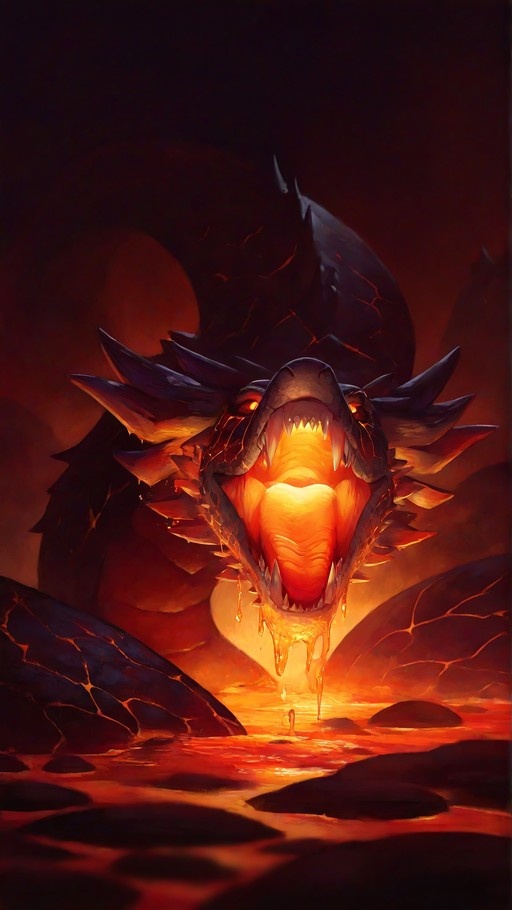 A dark-scaled dragon with horns stands in lava, mouth wide open showing sharp teeth and a bright inner glow.