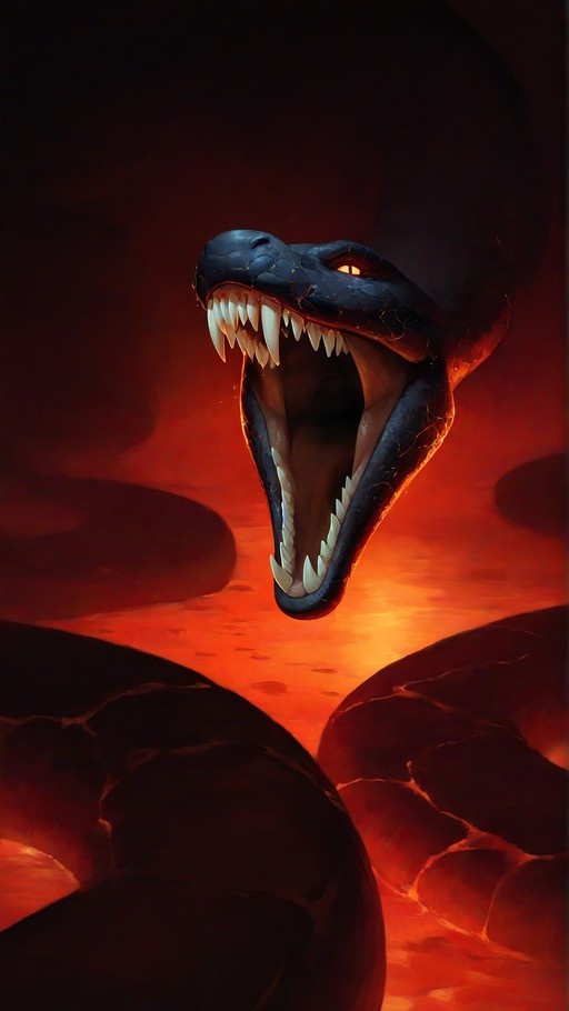 A large dark-scaled serpent with sharp fangs and glowing yellow eyes rises from a river of molten lava surrounded by dark rocks.