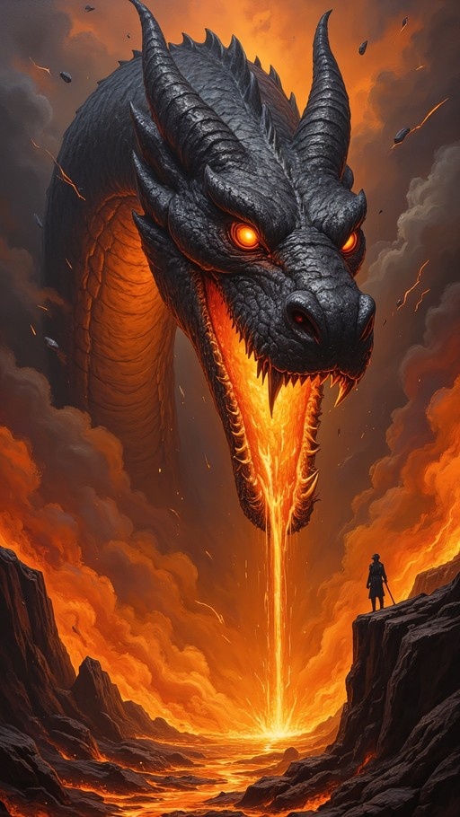 A massive black dragon with glowing orange eyes breathes a stream of lava into a volcanic pit while a small figure watches from a cliff.
