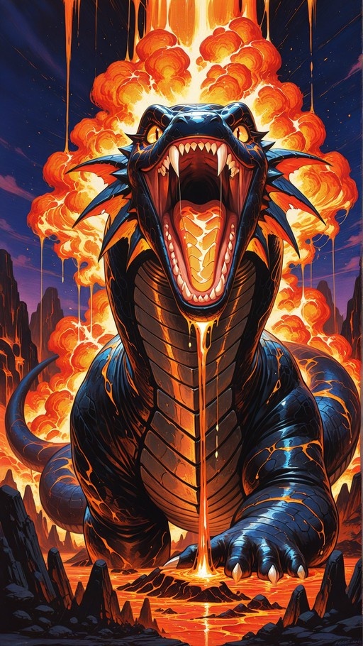 A large dark blue scaled dragon with yellow eyes roars with its mouth wide open as lava drips from its fangs in a volcanic landscape with fiery explosions.