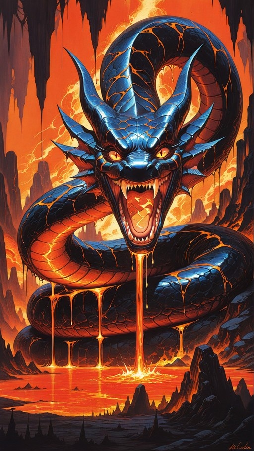 A large blue dragon with glowing orange cracks in its scales coils in a volcanic cave, dripping molten lava from its open mouth into a fiery pool below.