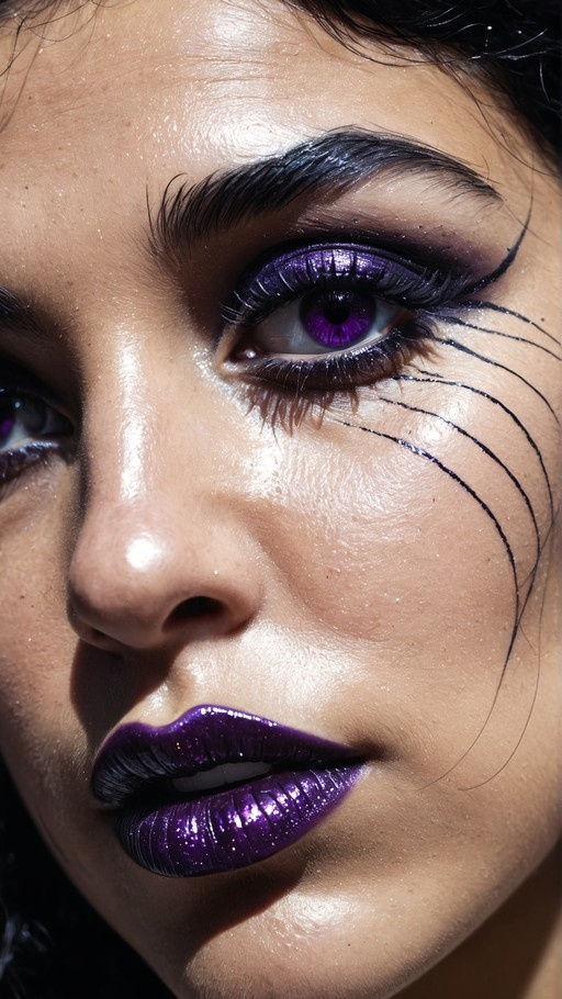 Close-up of a woman with purple contact lenses, purple glittery lipstick, and black whisker lines painted on her cheek.